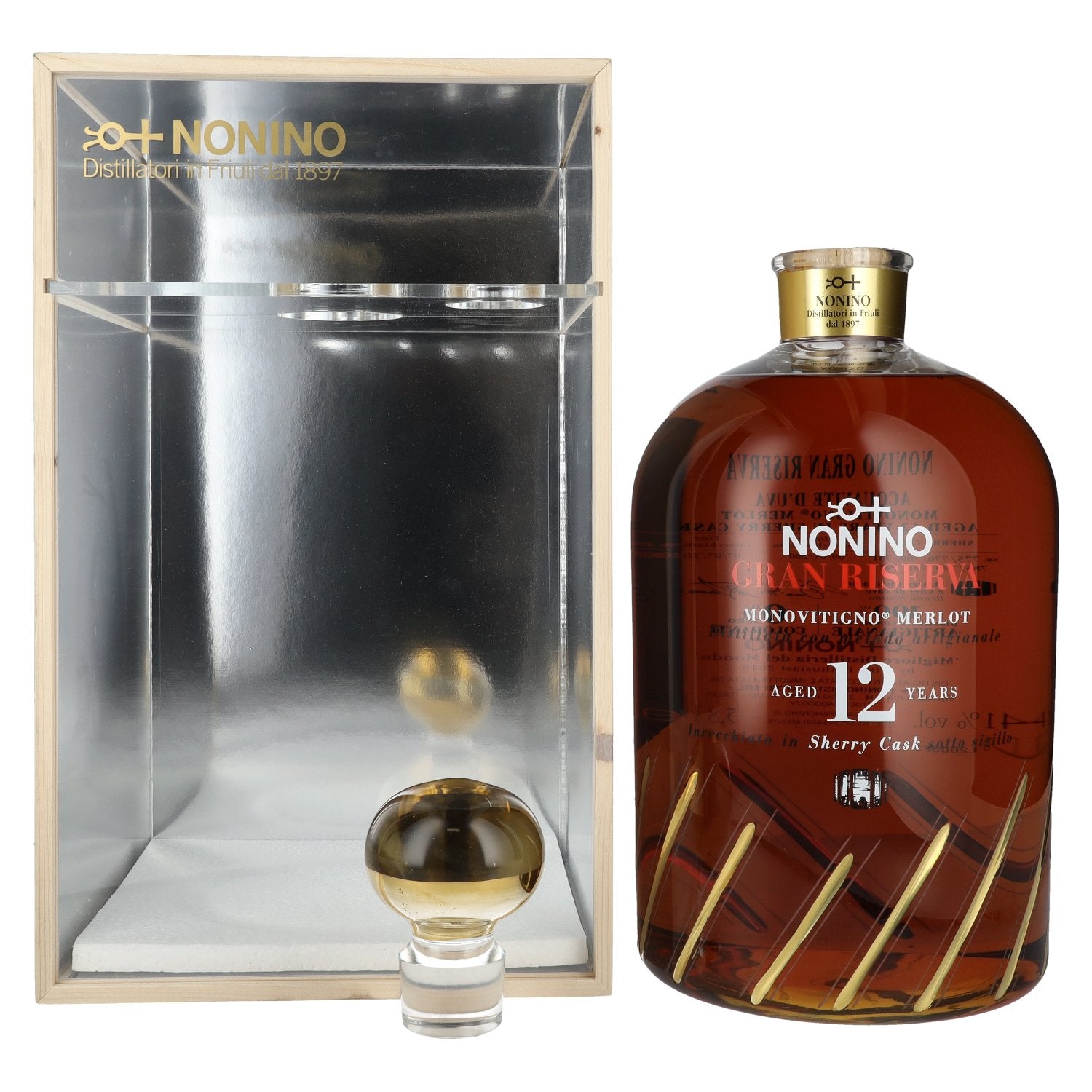 Nonino Grappa 12 Years Monovitigno Merlot Gran Riserva Sherry Cask 41% Vol. 5,8l in Holzkiste with Dosierpumpe
