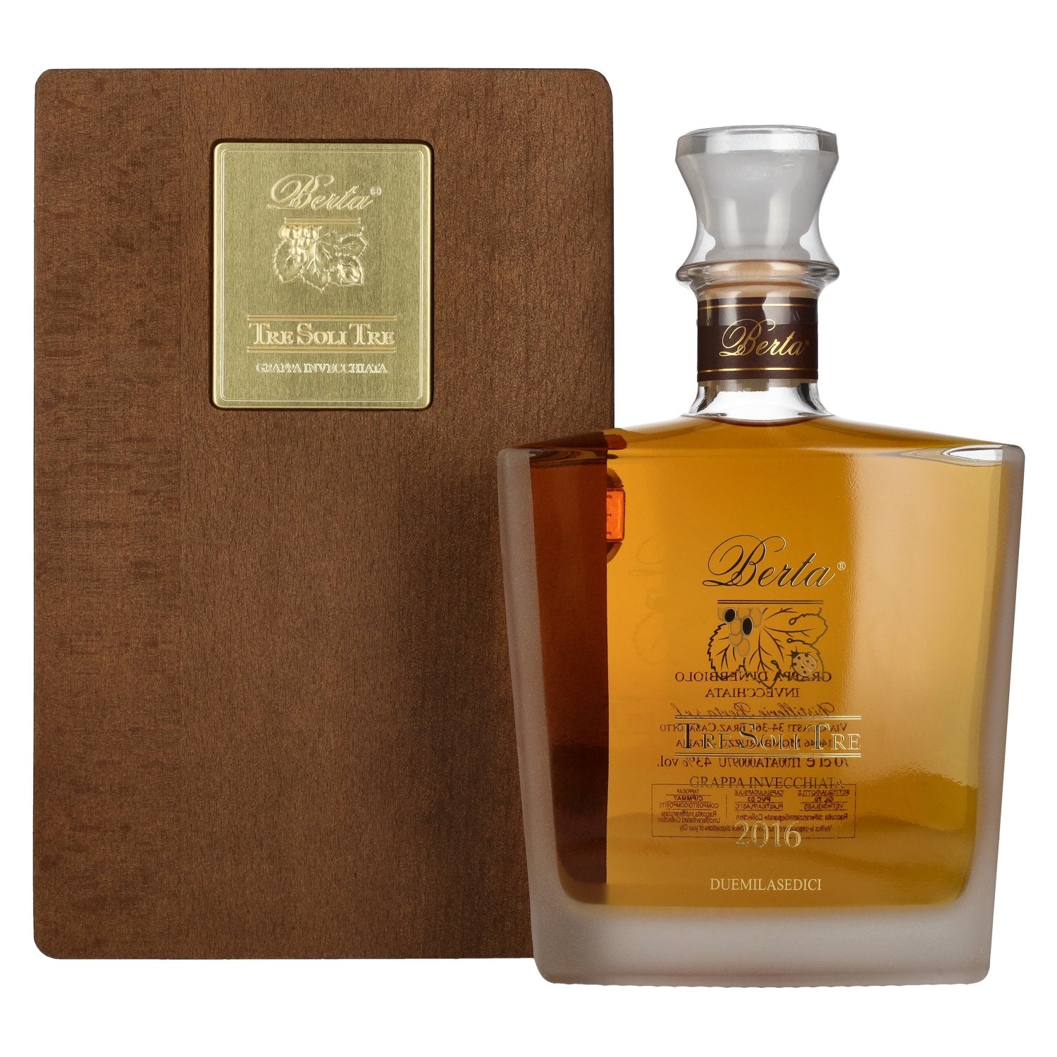 Berta Grappa Tre Soli Tre Grappa Invecchiata 2016 43% Vol. 0,7l in wooden box