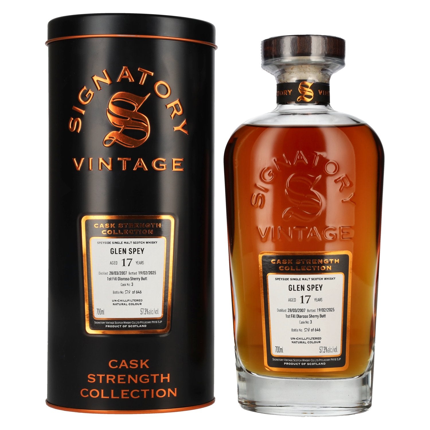 Signatory Vintage GLEN SPEY 17 Years Old 1st Fill Oloroso Cask Strength #3 2007 57,3% Vol. 0,7l in Tinbox