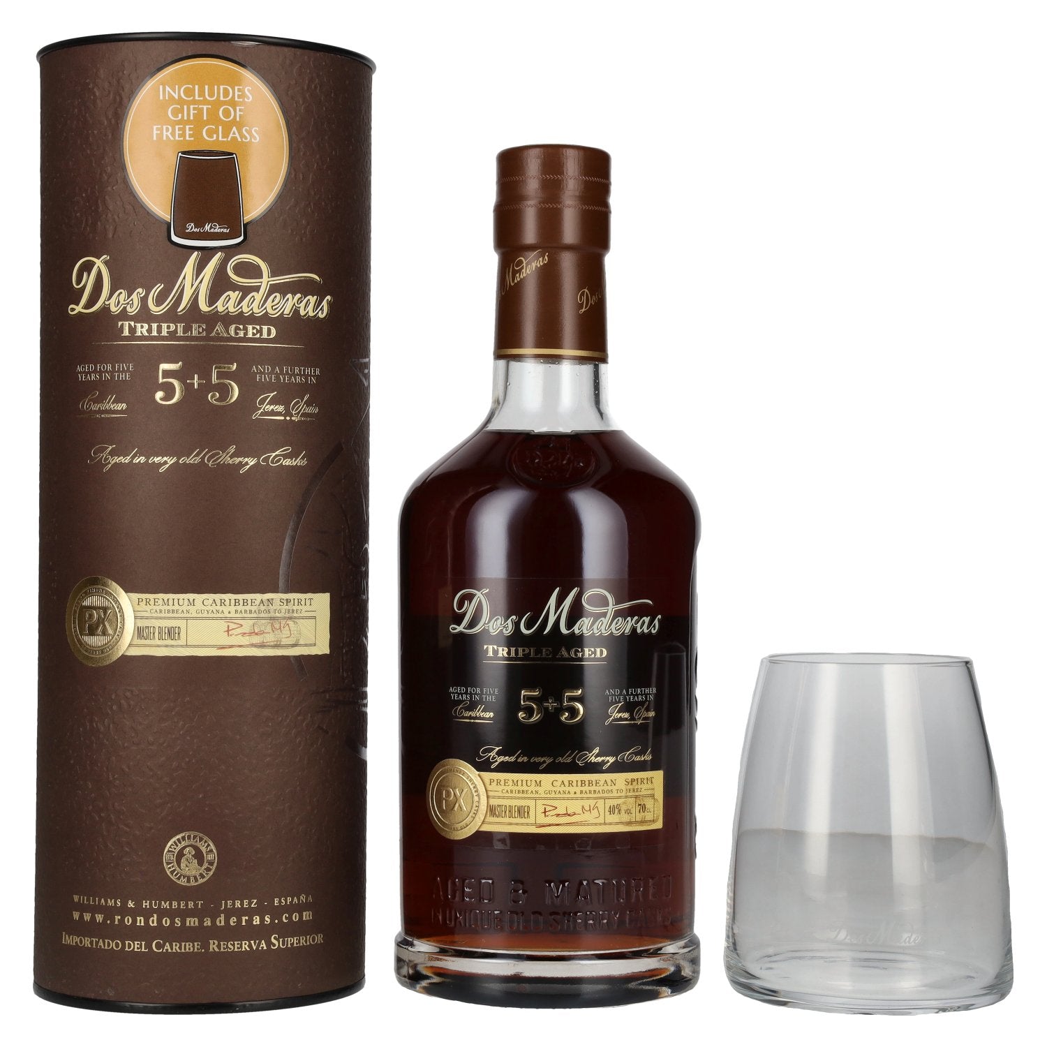 Dos Maderas PX 5+5 Years Old Triple Aged Spirit Drink 40% Vol. 0,7l in Giftbox with glass
