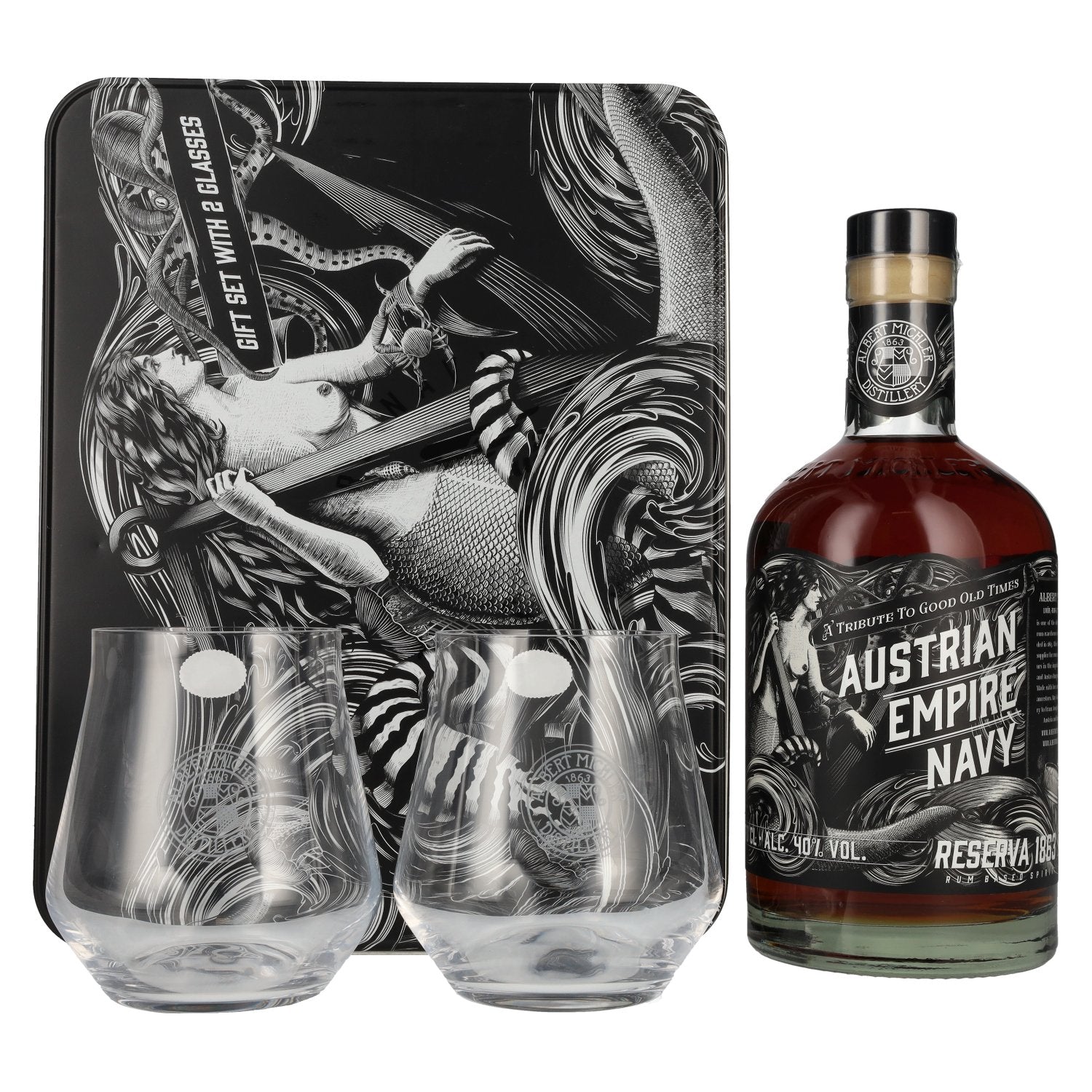 Austrian Empire Navy RESERVA 1863 Spirit Drink 40% Vol. 0,7l in Giftbox with 2 glasses