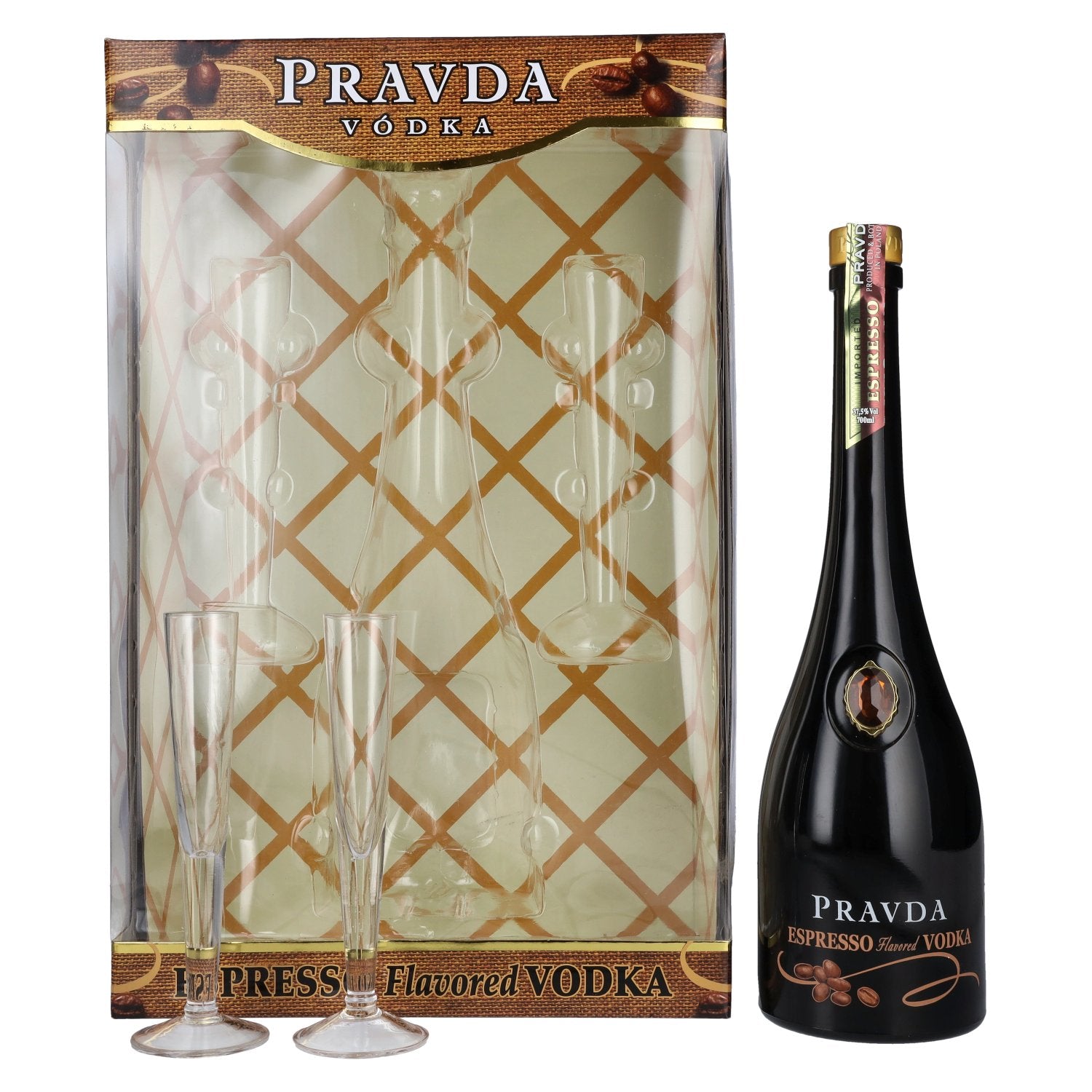 Pravda ESPRESSO Flavored Vodka 37,5% Vol. 0,7l in Giftbox with 2 glasses