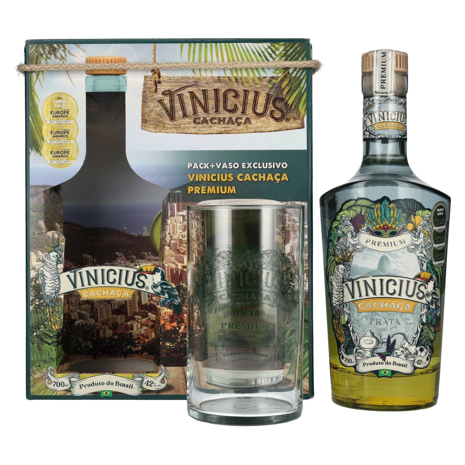 VINICIUS Premium Cachaca Prata 42% Vol. 0,7l in Giftbox with glass