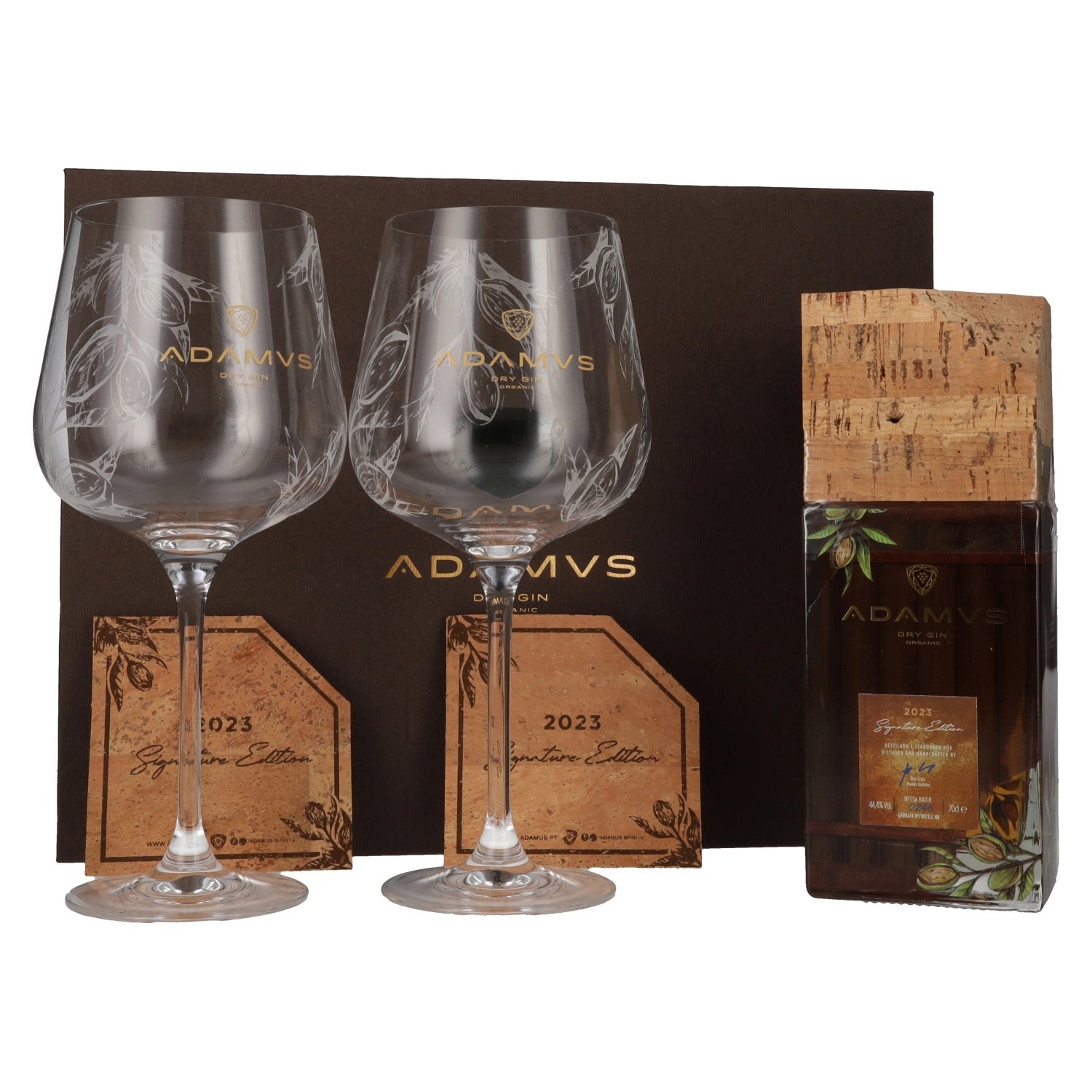 Adamus Dry Gin Organic Signature Edition 2023 44,4% Vol. 0,7l in Giftbox with 2 glasses & Kork Untersetzer
