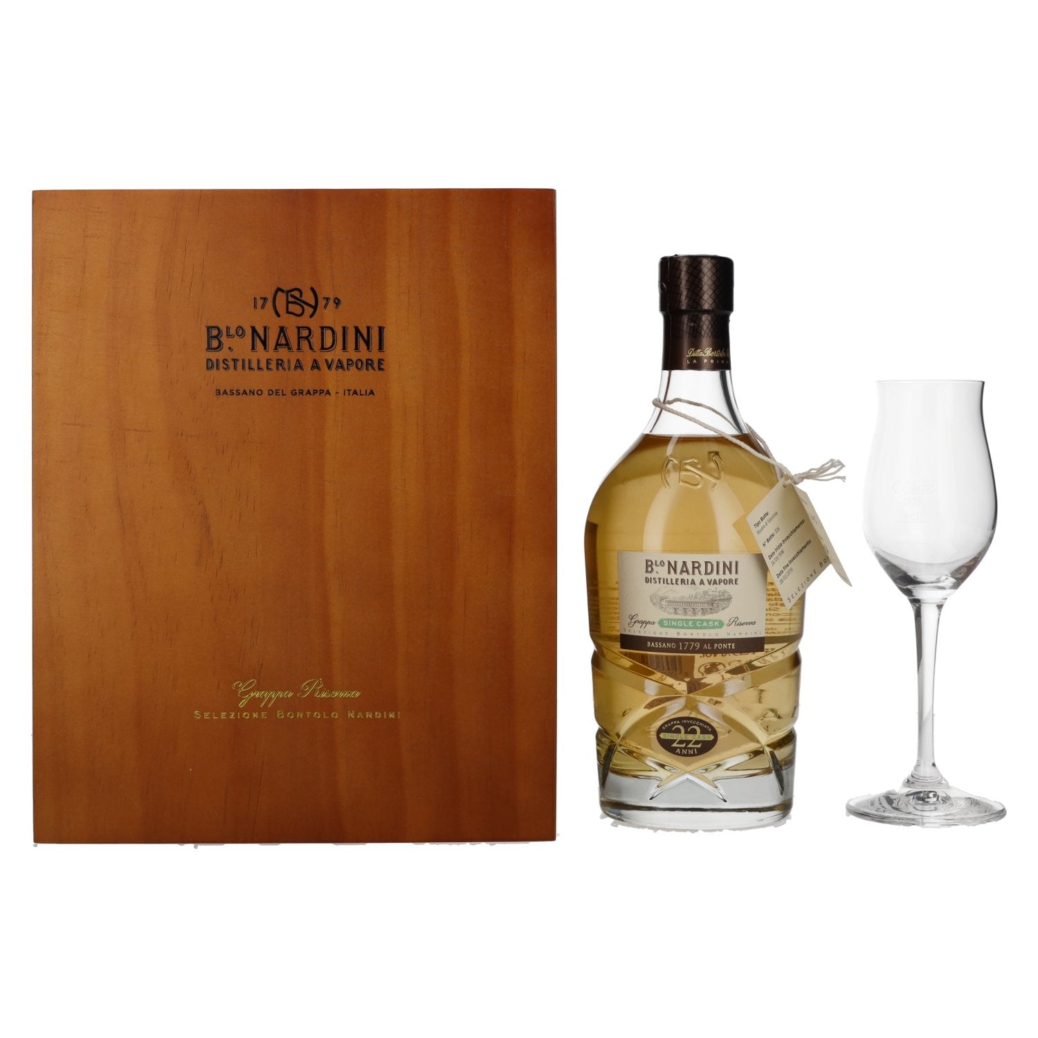 Nardini Grappa Riserva 22 ANNI Single Cask 45% Vol. 0,7l in wooden box with glass