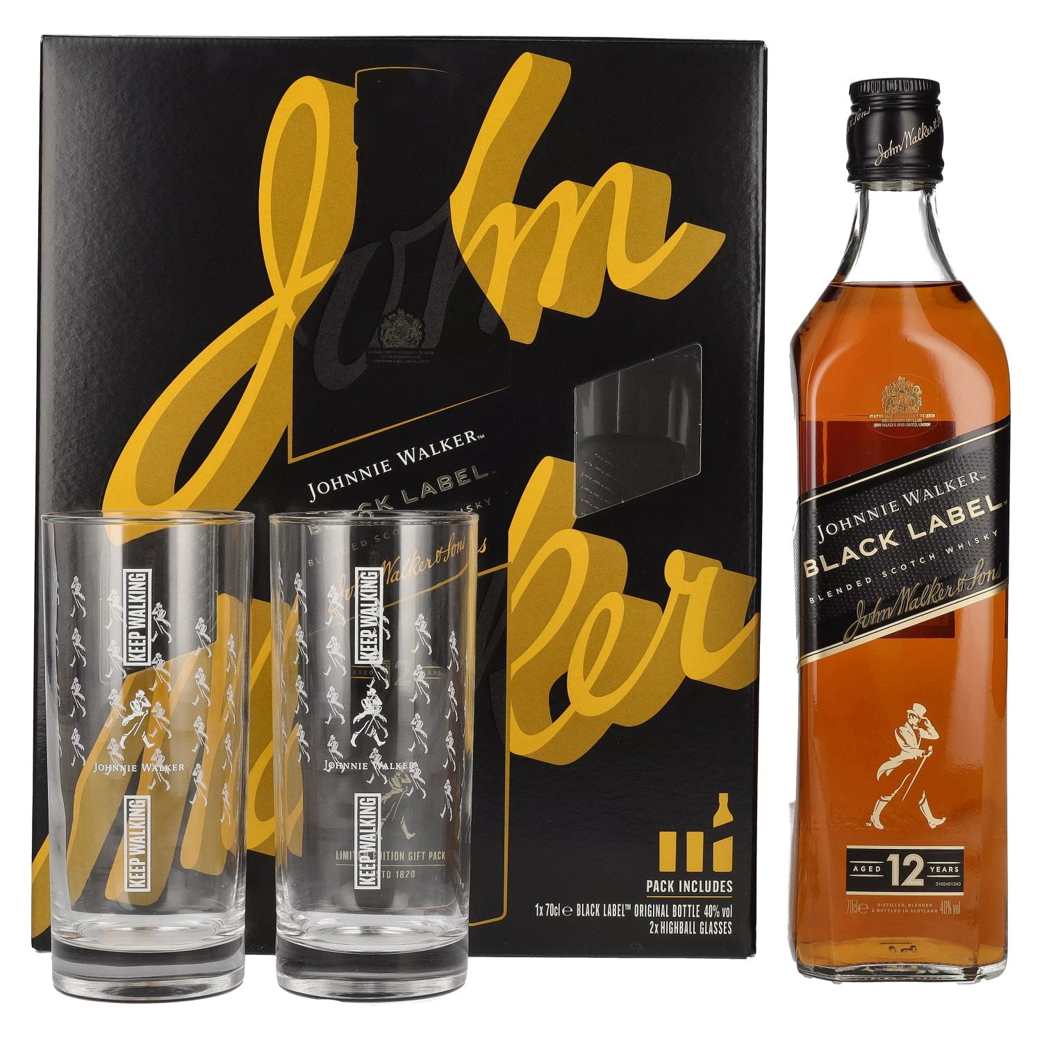 Johnnie Walker BLACK LABEL 12 Years Old 40% Vol. 0,7l in Giftbox with 2 Highballglaesern