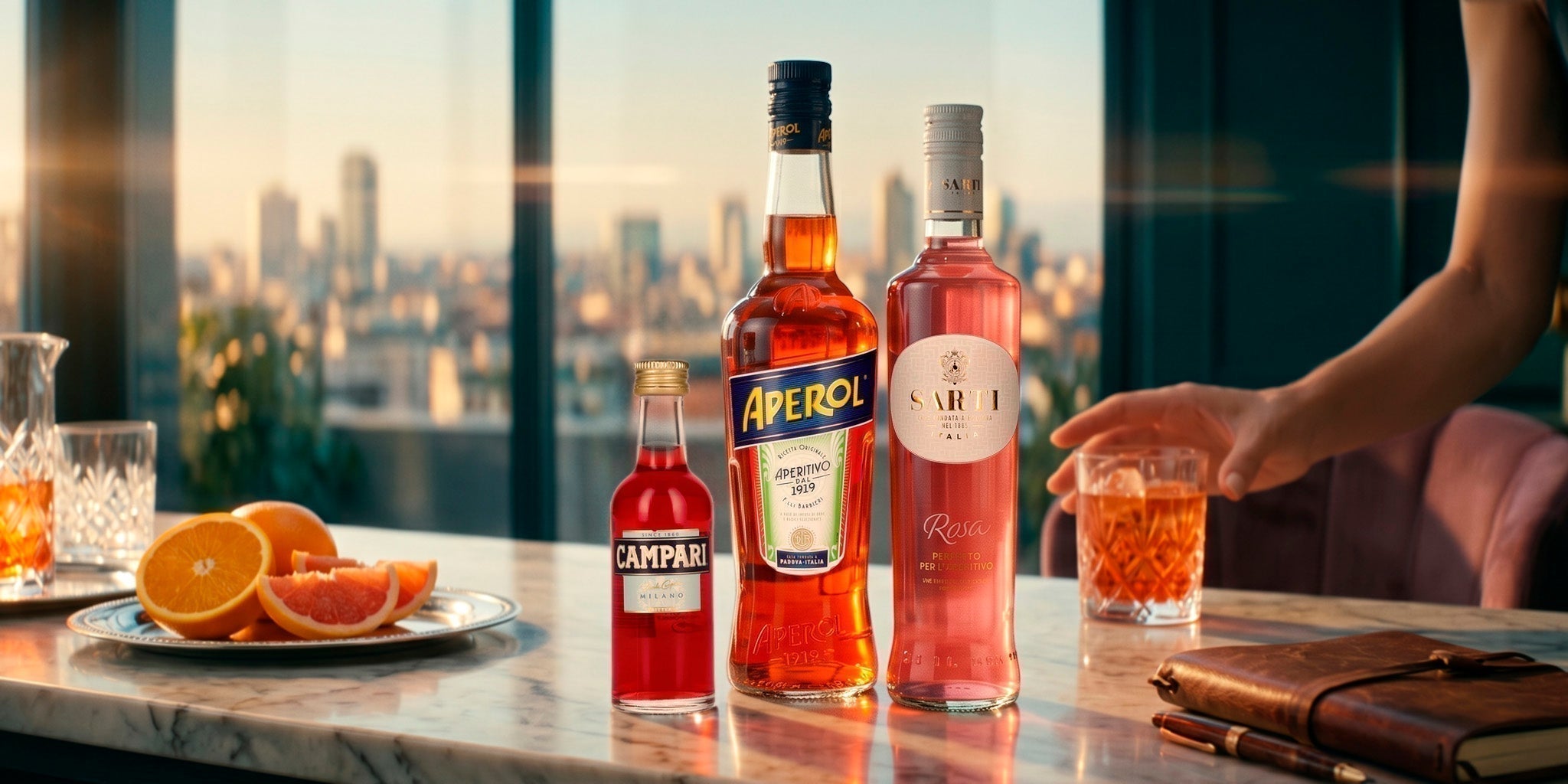 Italian aperitivo favorites with Campari, Aperol and Sarti Rosa bottles from MyDrinx