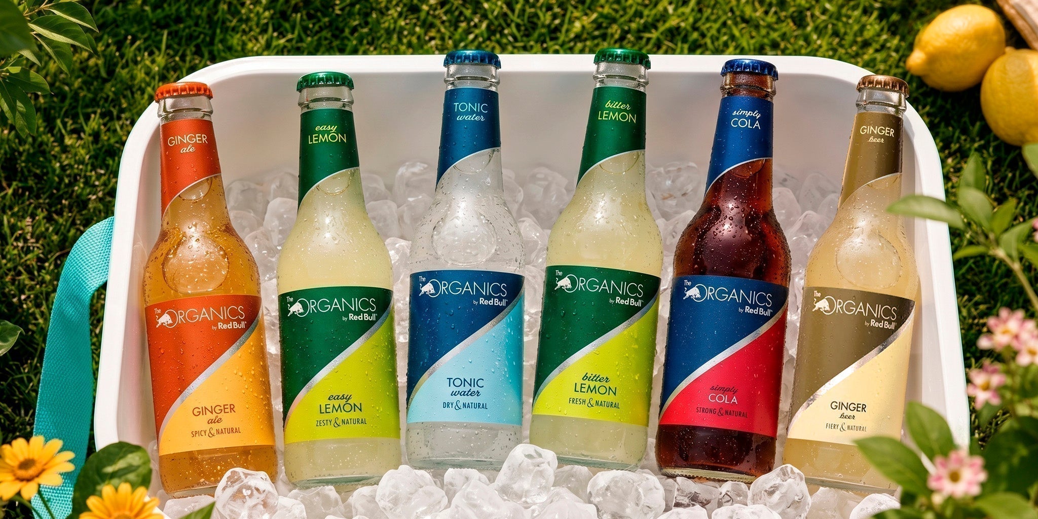 Red Bull Organics mixer discovery pack with ginger ale, easy lemon, tonic water, bitter lemon, cola and ginger beer bottles chilled in an ice bucket on grass