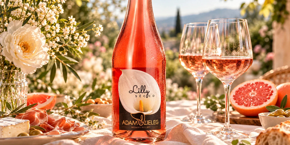 Adam Lieleg Lilly Secco rosé sparkling wine bottle served with two glasses on a sunny garden table with grapefruit, flowers, olives, cheese and charcuterie in an elegant summer aperitivo setting.