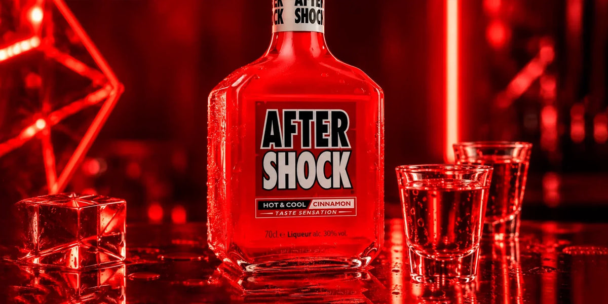 After Shock Red cinnamon liqueur bottle served with chilled shot glasses in an intense red neon bar setting, highlighting its bold hot-and-cool cinnamon character.