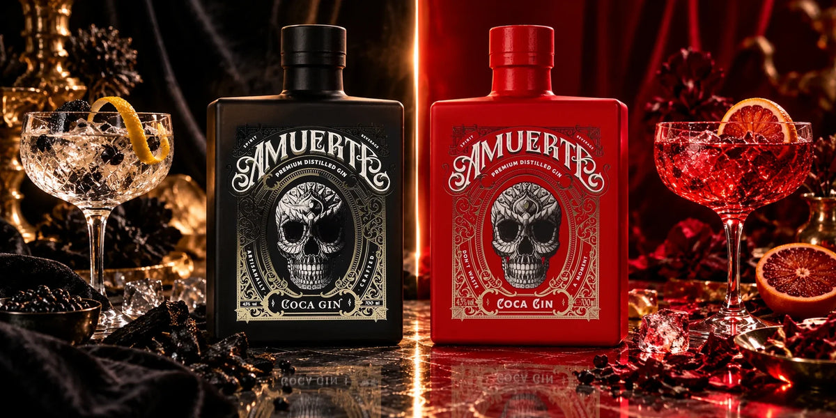 Amuerte Coca Gin 43% 0.7L bottles in black and red editions, styled with elegant gin cocktails, citrus, berries and dramatic luxury bar décor.