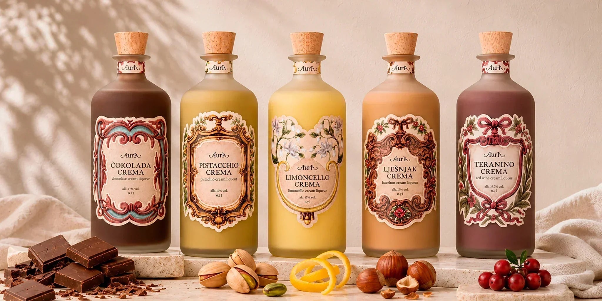 Aura Croatian cream liqueurs collection with Čokolada Crema, Pistachio Crema, Limoncello Crema, Lješnjak Crema and Teranino Crema, styled with chocolate, pistachios, lemon, hazelnuts and berries in a soft premium dessert liqueur scene.