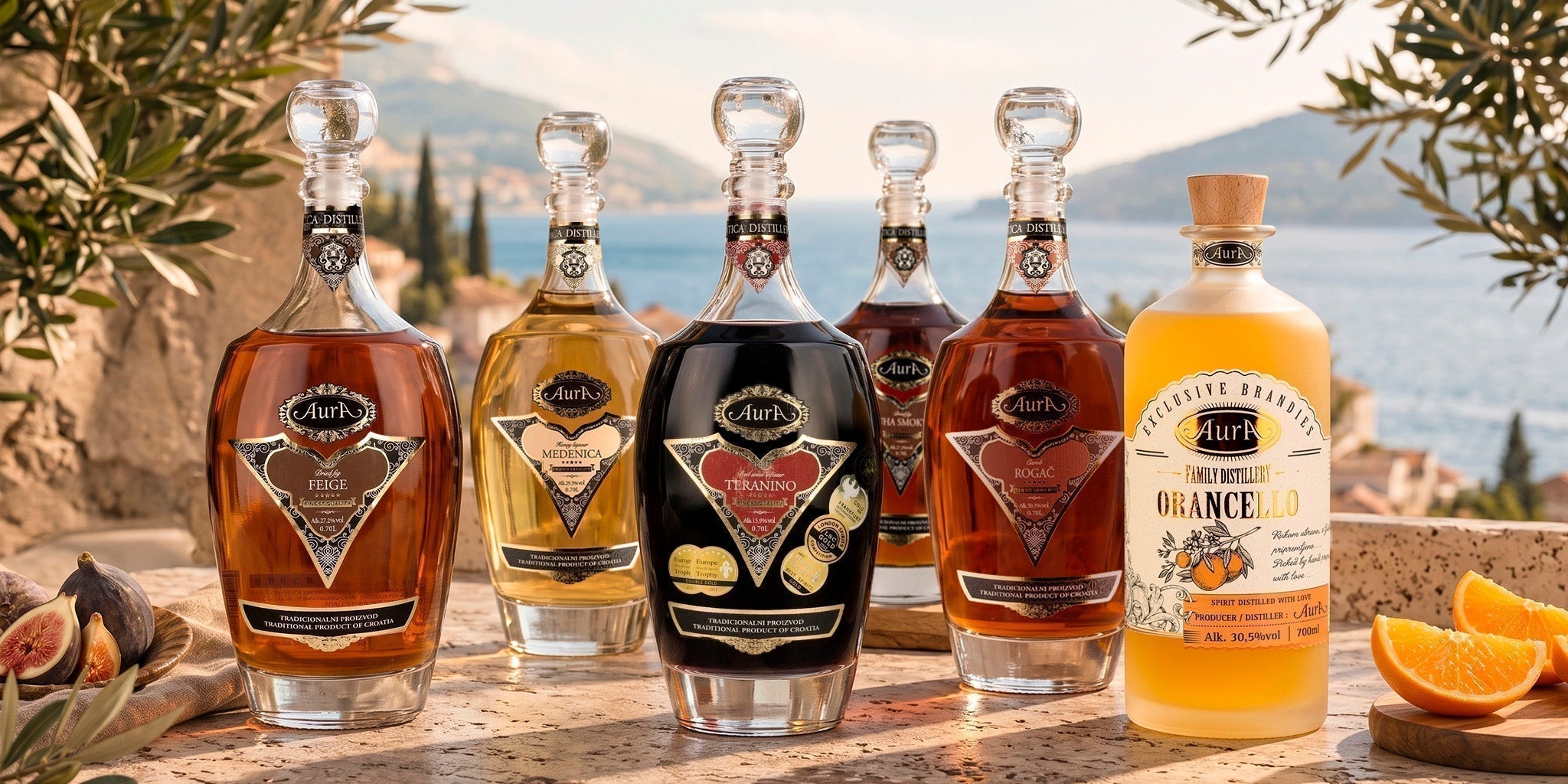 Aura Croatian liqueurs collection with Teranino, Orancello, Limoncello, Medenica, Feige and Carob bottles on a Mediterranean terrace