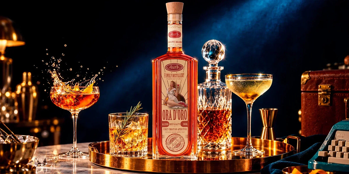 Aura Ora D’Oro Croatian aperitivo bottle styled on a gold tray with elegant cocktails, crystal decanter, bar tools and dramatic premium lighting for a luxury aperitif presentation.