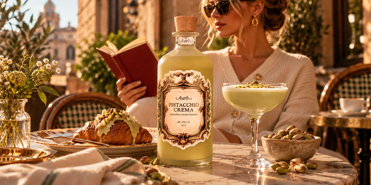 Aura Pistacchio Crema liqueur 17% 0.7L served with a creamy pistachio cocktail, pistachio croissant and roasted pistachios at an elegant sunlit café terrace.