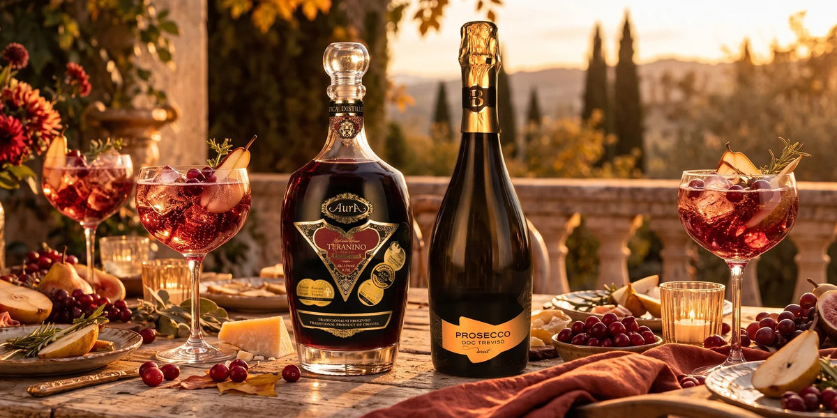 Aura Teranino red wine liqueur and Bedin Prosecco Treviso Brut DOC served with autumn spritz cocktails, pears, cranberries and cheese on a golden sunset terrace.