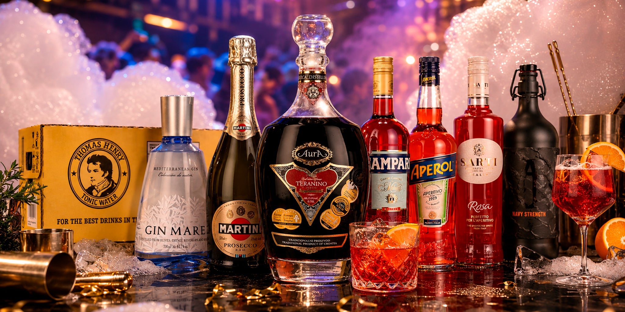 Aura Teranino bottle styled with spritz cocktail ingredients including Martini Prosecco, Aperol, Campari, Sarti, Gin Mare and Thomas Henry Tonic Water in a vibrant party bar scene with orange aperitivo cocktails.