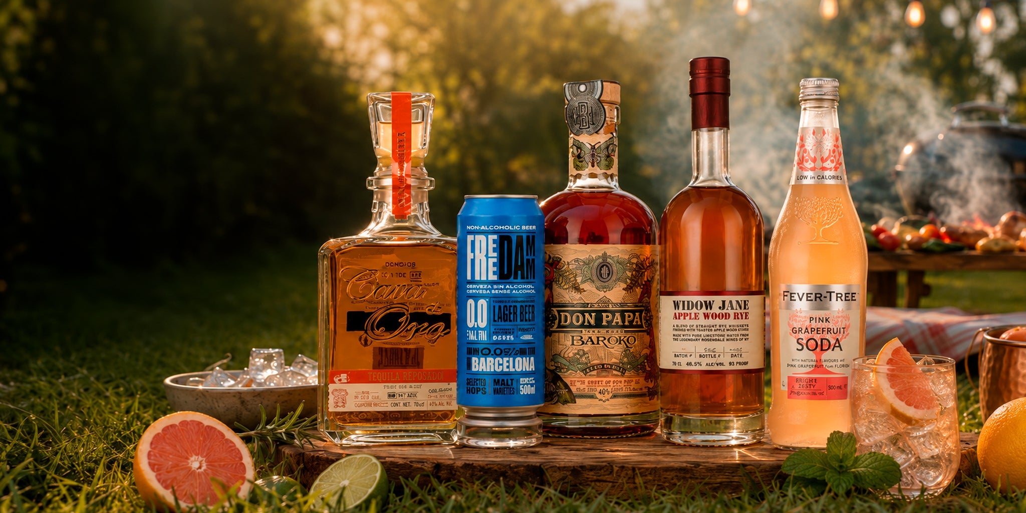 BBQ drinks pairing setup with tequila, non-alcoholic beer, rum, apple wood rye whiskey and pink grapefruit soda on a garden picnic table with citrus, ice and grill smoke.
