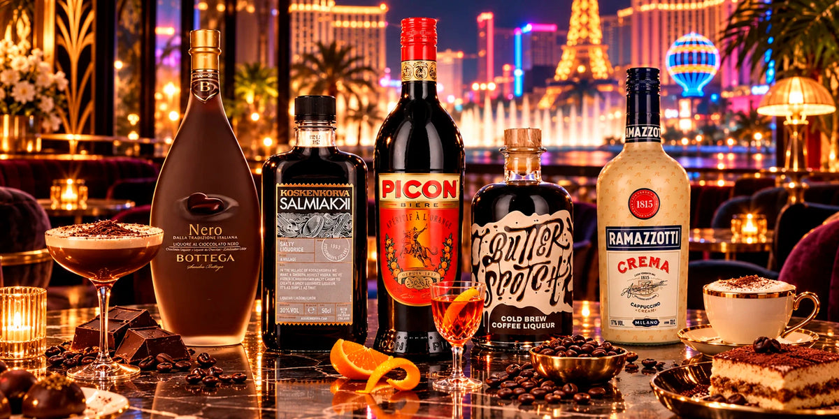 Premium liqueur collection featuring Bottega Nero, Koskenkorva Salmiakki, Picon Bière, Bumbu Crème and Ramazzotti Crema displayed with coffee cocktails, chocolate, orange peel and dessert in a vibrant Las Vegas night setting.