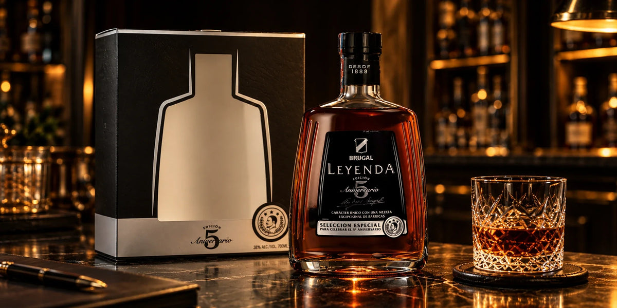 Brugal Leyenda 5 Years Old Selección Especial rum bottle with gift box and a crystal glass of aged rum in an elegant dark bar setting with warm golden lighting.