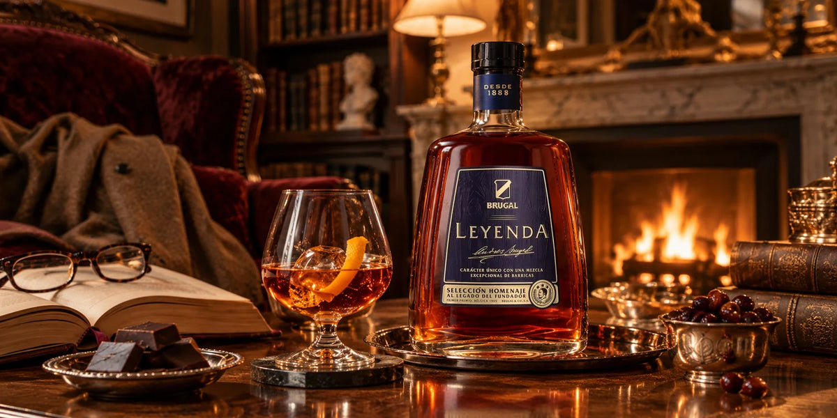 Brugal Leyenda Selección Homenaje Rum 38% 0.7L bottle served with an amber rum cocktail beside a glowing fireplace, dark chocolate, books and an elegant classic lounge setting.