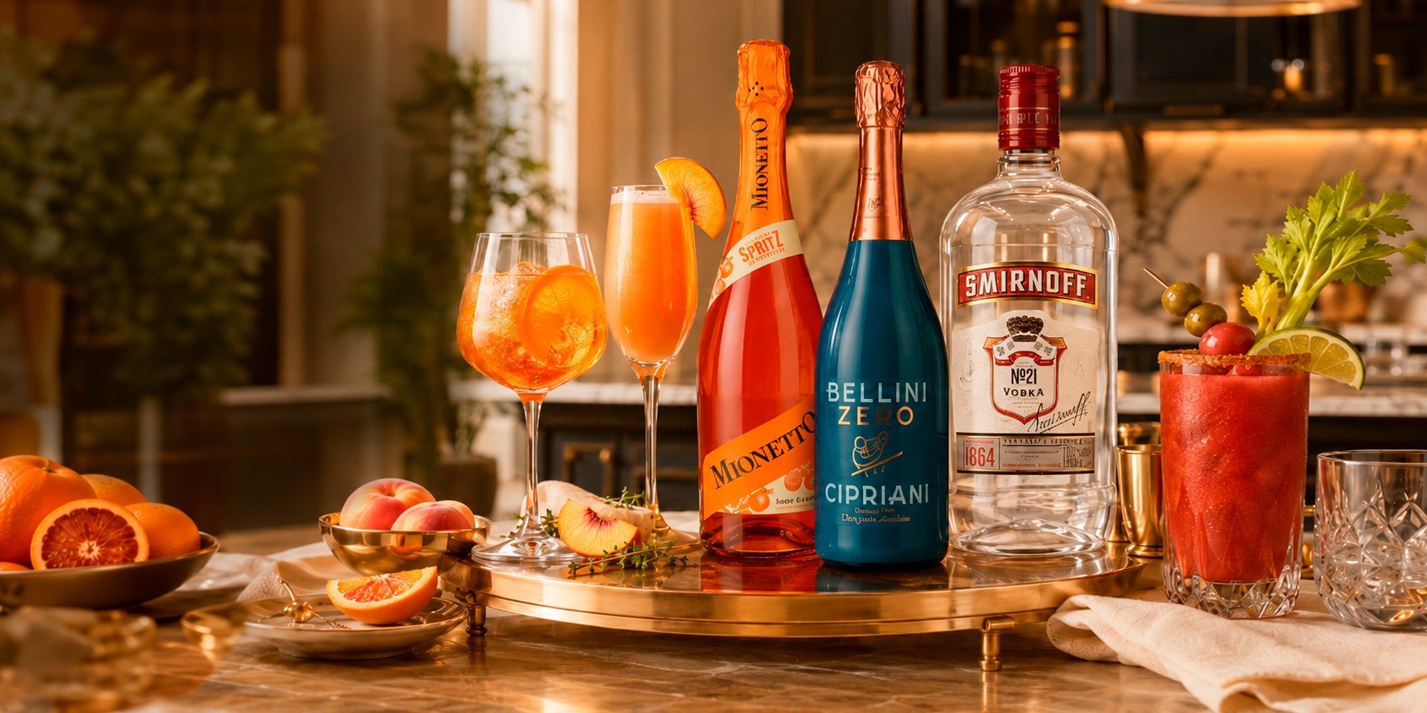 Brunch cocktails at home with Mionetto Spritz, Bellini Zero Cipriani, Smirnoff vodka, Aperol-style spritz, Bellini and Bloody Mary on an elegant kitchen bar tray.