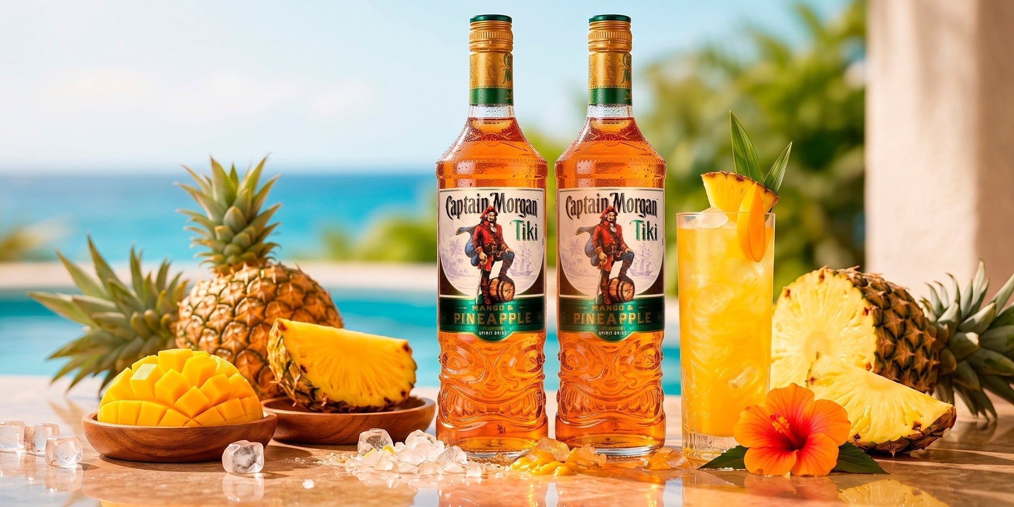 Captain Morgan Tiki Mango & Pineapple spirit drink bottles with mango, pineapple, ice and a tropical cocktail on a sunny beach terrace.