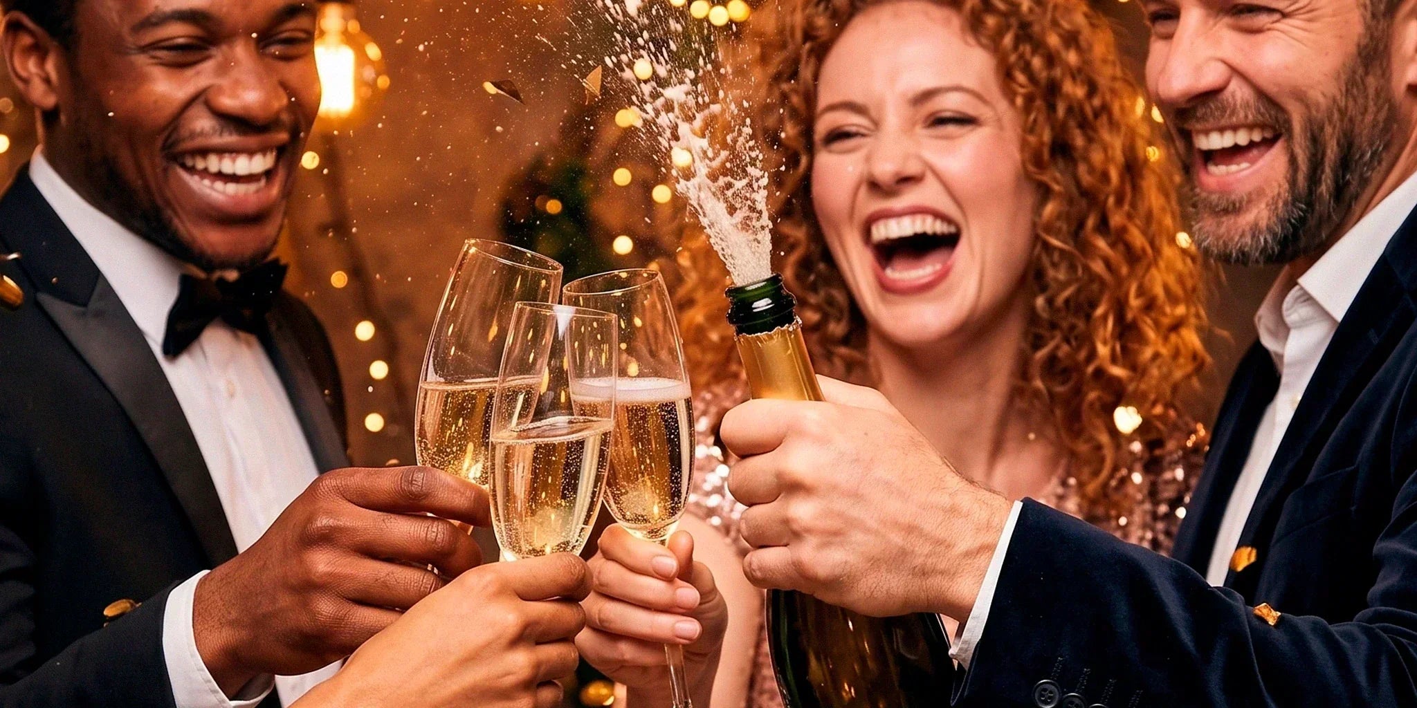 Friends celebrating with champagne glasses while a sparkling wine bottle is opened at a festive party with warm golden lights.