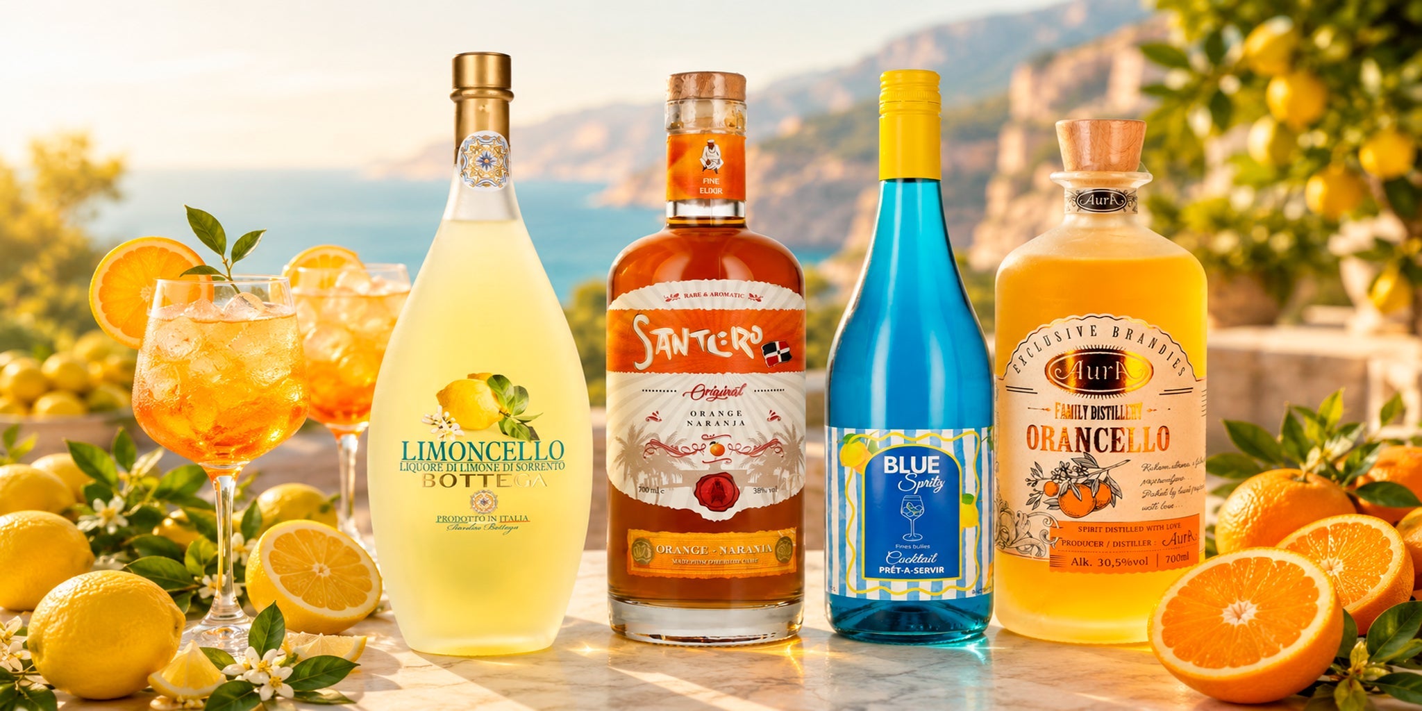 Summer citrus liqueurs and spritz bottles including Bottega Limoncello, Sant’oro Orange, Blue Spritz and Aura Orancello, styled with fresh lemons, oranges and bright Mediterranean seaside light.