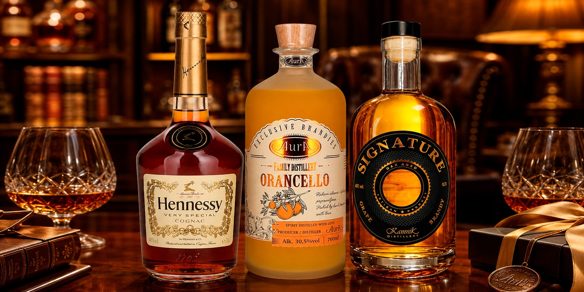 Hennessy Very Special Cognac, Aura Orancello and Signature grape brandy bottles styled in a warm luxury library setting with tasting glasses, gift box and golden bar light for sipping, gifting and collecting.