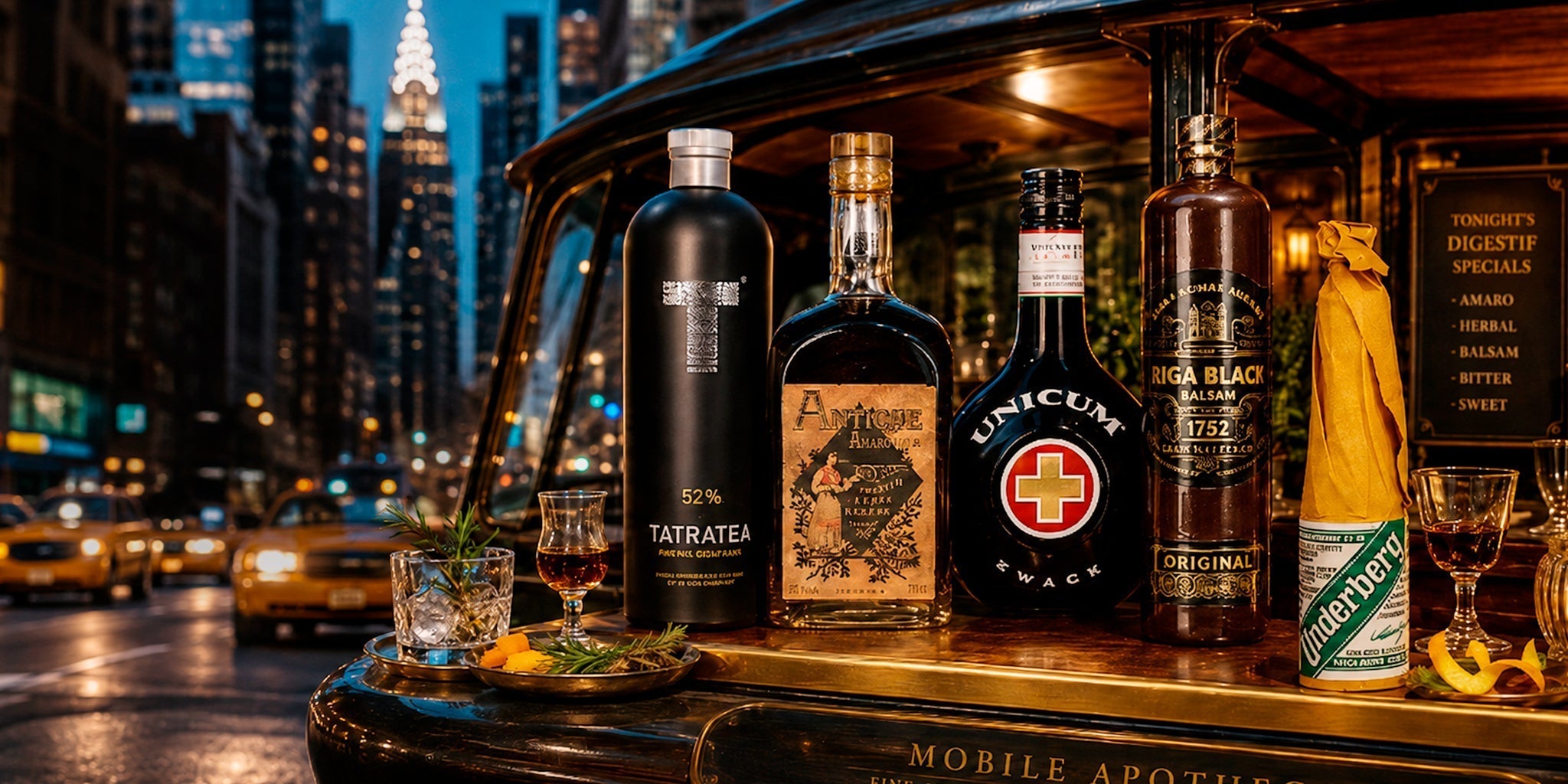 Digestif bottles with Tatratea, amaro, Unicum, Riga Black Balsam and Underberg displayed on a mobile bar in a night city setting.