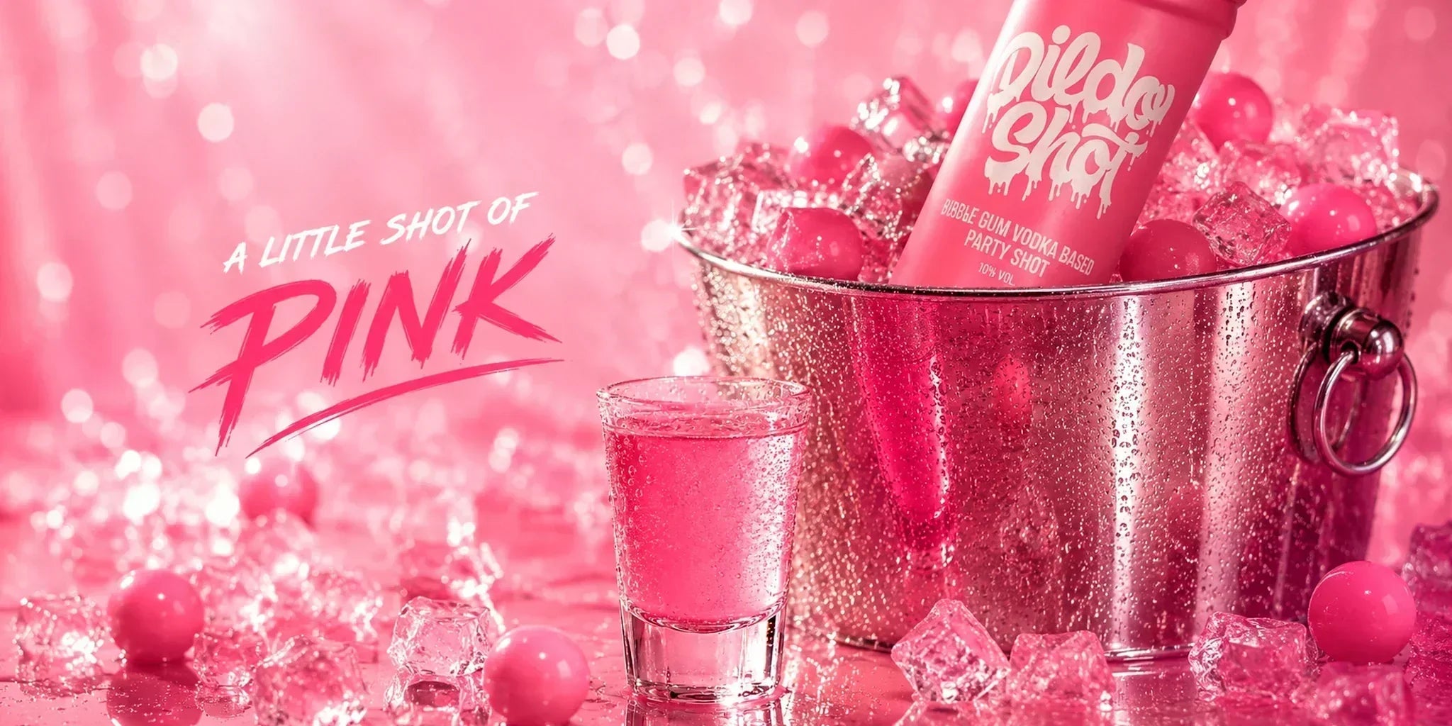 Dildo Shot Bubblegum vodka-based party shot bottle chilled in a silver ice bucket with pink ice, bubblegum candy accents and “A Little Shot of Pink” text in a bright playful party scene.