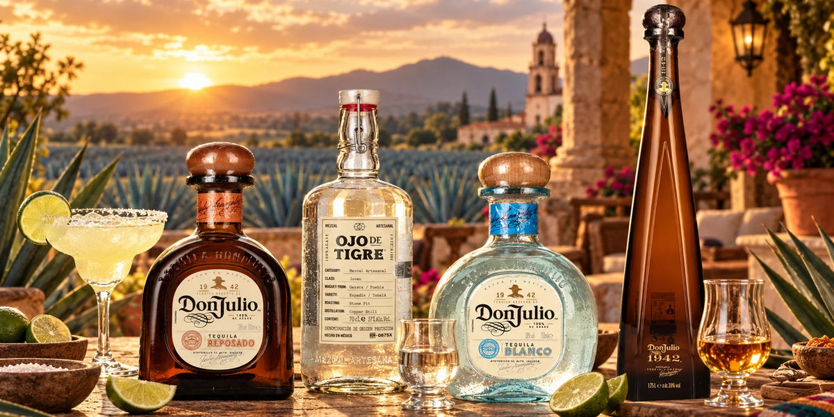 Don Julio Reposado, Don Julio Blanco, Don Julio 1942 and Ojo de Tigre Mezcal bottles with margarita, lime and tasting glasses in a warm Mexican agave field sunset setting.