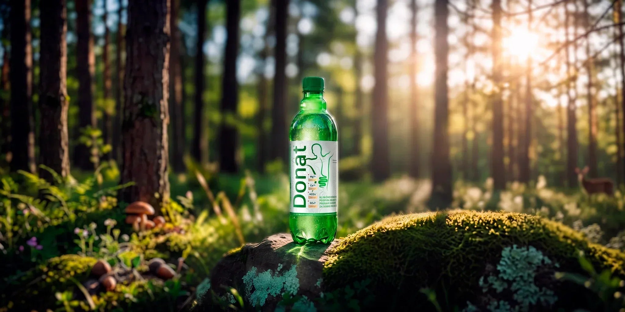 Donat natural mineral water bottle standing on a mossy rock in a sunlit forest, styled with fresh green nature, morning light and a clean wellness hydration atmosphere.