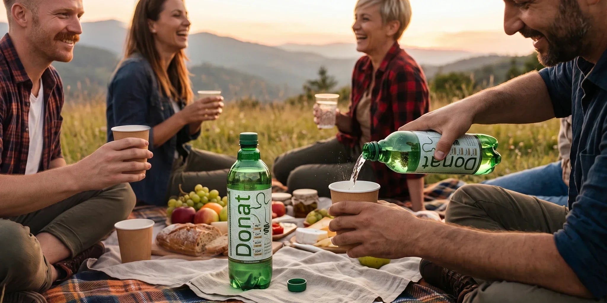 Donat mineral water bottles at a mountain picnic with friends, fruit, bread and paper cups in a warm sunset outdoor setting.
