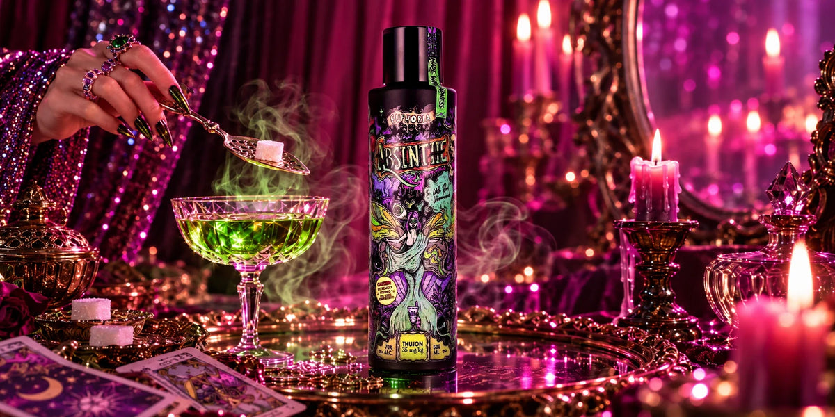 Euphoria Absinthe Madness Edition 70% 0.5L bottle served with a traditional absinthe sugar cube ritual and glowing green absinthe in an opulent candlelit purple bar setting.