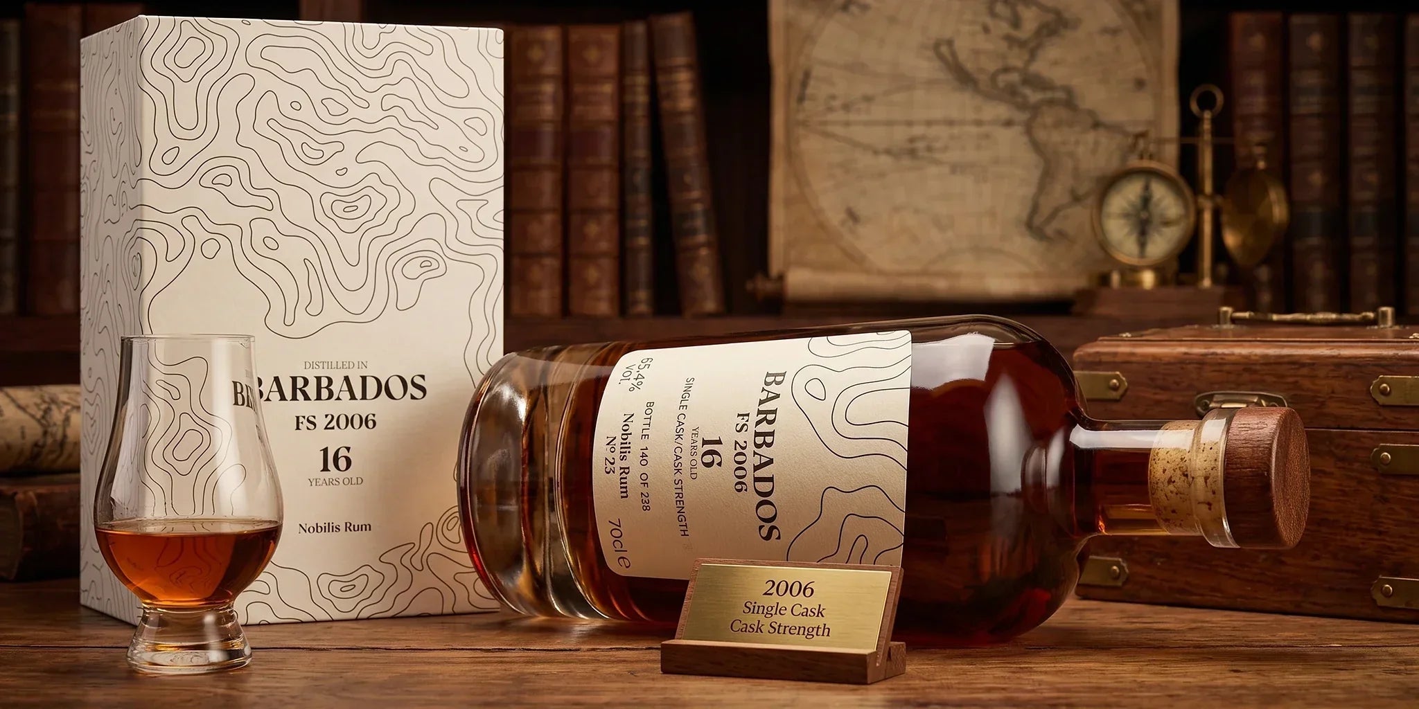 Foursquare 16 Years Old Barbados Nobilis Single Cask Cask Strength Rum 2006 with giftbox, tasting glass and vintage map details in a premium collector’s rum setting.