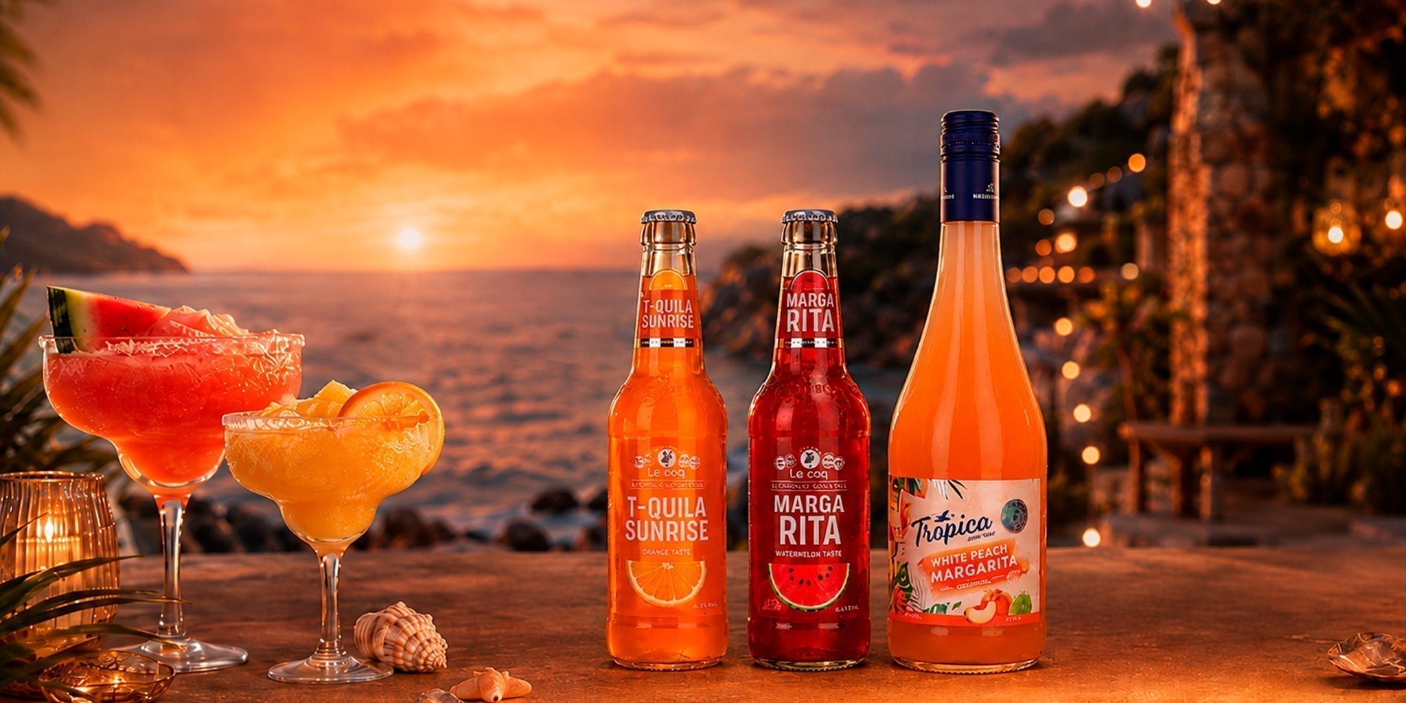 Le Coq T-Quila Sunrise, Le Coq Margarita and Tropica White Peach Margarita bottles with frozen summer cocktails on a seaside terrace at sunset, styled with citrus, watermelon and tropical beach lights.