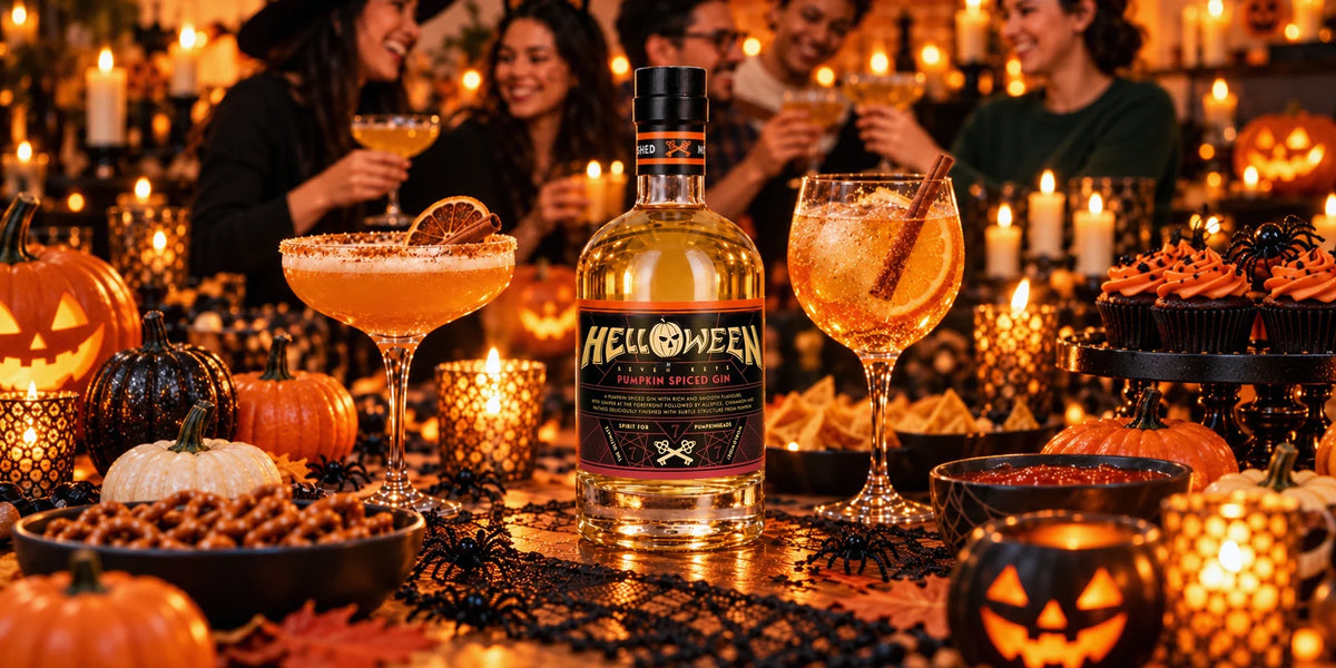 Helloween Pumpkin Spiced Gin bottle served with orange and cinnamon cocktails at a festive Halloween party with pumpkins, candles, cupcakes and warm autumn lighting.