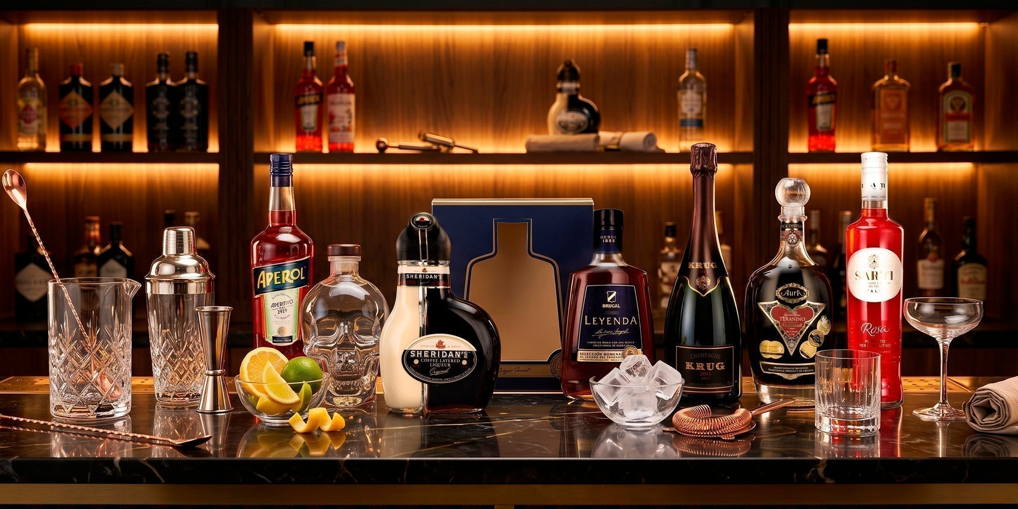 Home bar essentials with cocktail shaker, premium spirits and elegant glassware