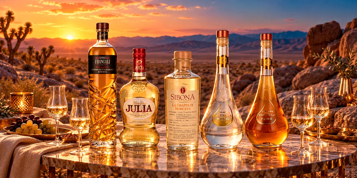 Italian grappa collection featuring Luigi Francoli Grappa di Nebbiolo da Barolo Riserva, Grappa Julia Invecchiata, Sibona La Grappa di Moscato, Bottega Grappa Morbida and Bottega Grappa Fumè displayed with tasting glasses at sunset.