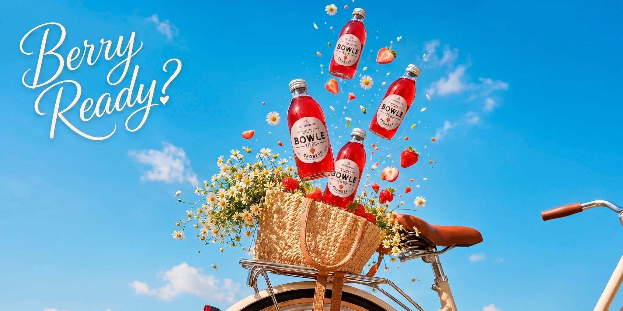 Katlenburger Bowle To Go Erdbeer strawberry drink bottles flying from a summer bicycle basket with daisies, strawberries and blue sky, styled as a bright berry-ready picnic image.