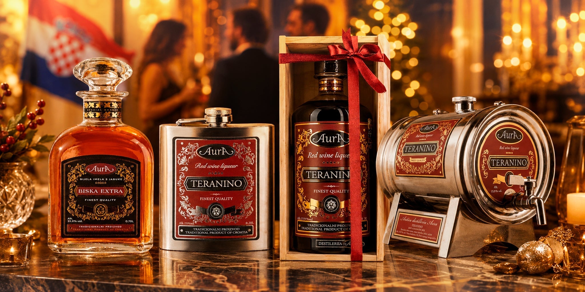 Luxury Croatian spirit gifts featuring Aura Biska Extra, Aura Teranino hip flask, Teranino wooden gift box and Teranino inox barrel, styled in a festive golden setting with candles, Croatian flag and premium holiday atmosphere.