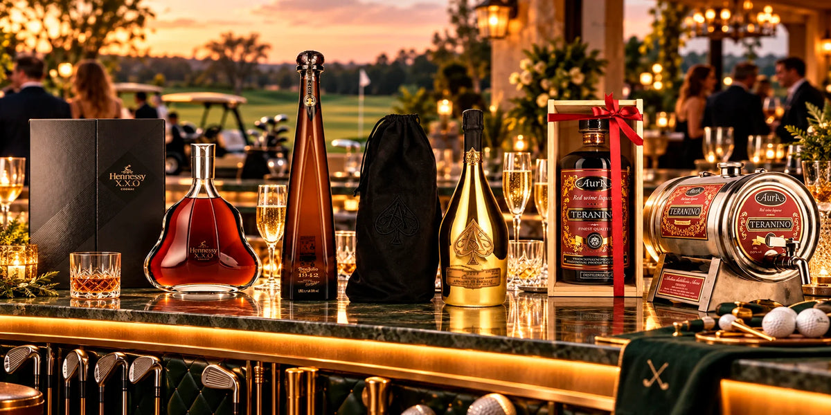 Luxury spirits and gift bottles including Hennessy X.X.O, Don Julio 1942, Armand de Brignac and Aura Teranino displayed at an elegant golf club bar during sunset.