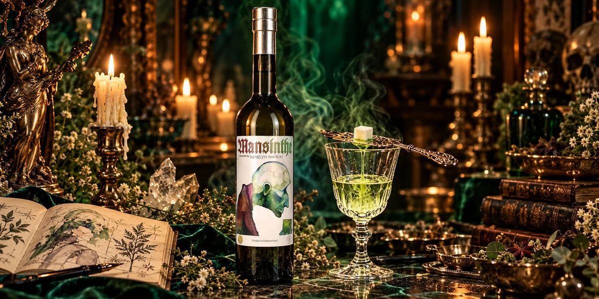 Mansinthe Absinthe 66.6% 0.7L by Marilyn Manson served traditionally with an absinthe spoon and sugar cube in a dark green candlelit setting with botanical illustrations and vintage details.