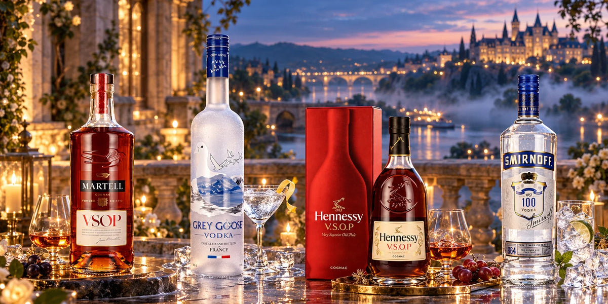 Premium spirits collection featuring Martell VSOP Cognac, Grey Goose Vodka, Hennessy VSOP Cognac gift box and Smirnoff 100 Vodka displayed on an elegant candlelit terrace at dusk.