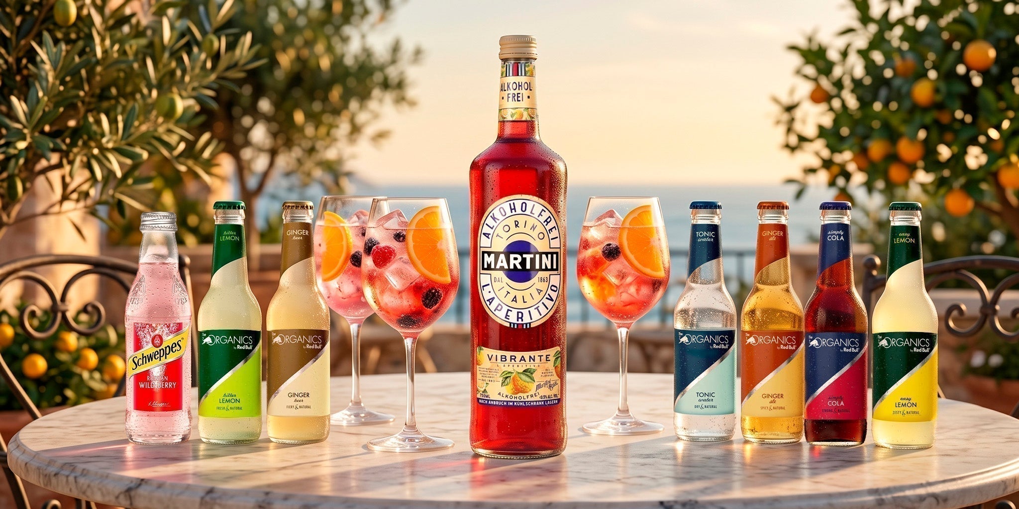 Alcohol-free aperitivo spritz setup with Martini Vibrante, Schweppes Russian Wild Berry and Red Bull Organics