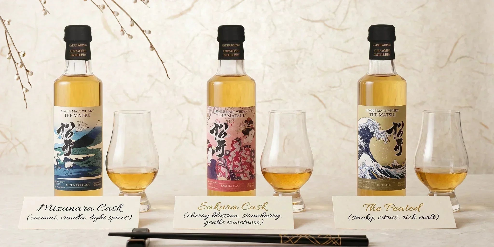 Matsui Whisky Collection with Mizunara Cask, Sakura Cask and The Peated single malt Japanese whisky bottles, tasting glasses and flavor notes on an elegant Japanese-inspired table.
