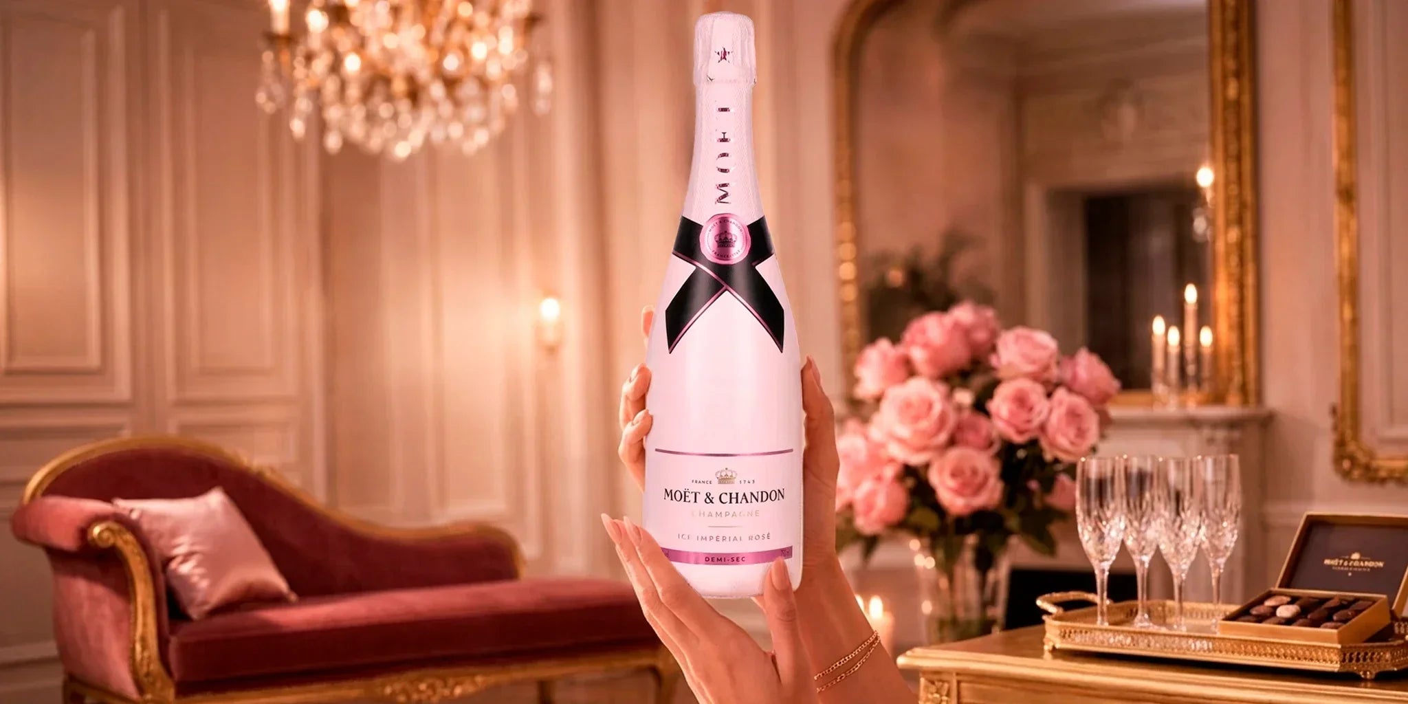 Moët & Chandon Ice Impérial Rosé Champagne bottle held in hands in an elegant pink luxury room with roses, crystal glasses, candles and gift box.