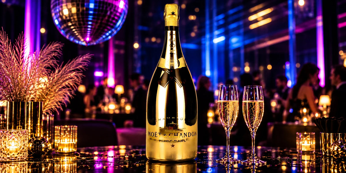 Moët & Chandon Imperial Brut Bright Night Edition 1.5L champagne bottle served with two flutes in a glamorous nightclub setting with disco lights, candles and a mirrored ball.